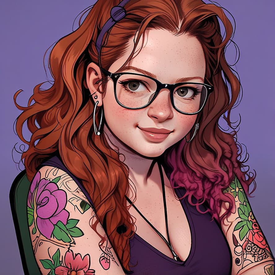 Ashley Childress profile picture showing a stylized, AI-generated portrait of a woman with red hair and glasses